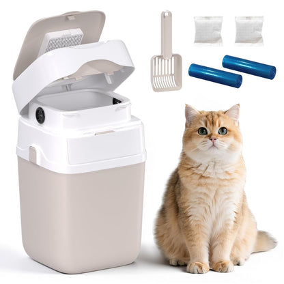 2025 Portable Cat Litter Disposal - Innovative Push-in Cat Litter Trash Can with Odor Isolation, Built-in Poop Bag Holder, Pet Waste Pail for Cats, Dogs, 2 Roll Refill Bags Deodorizers