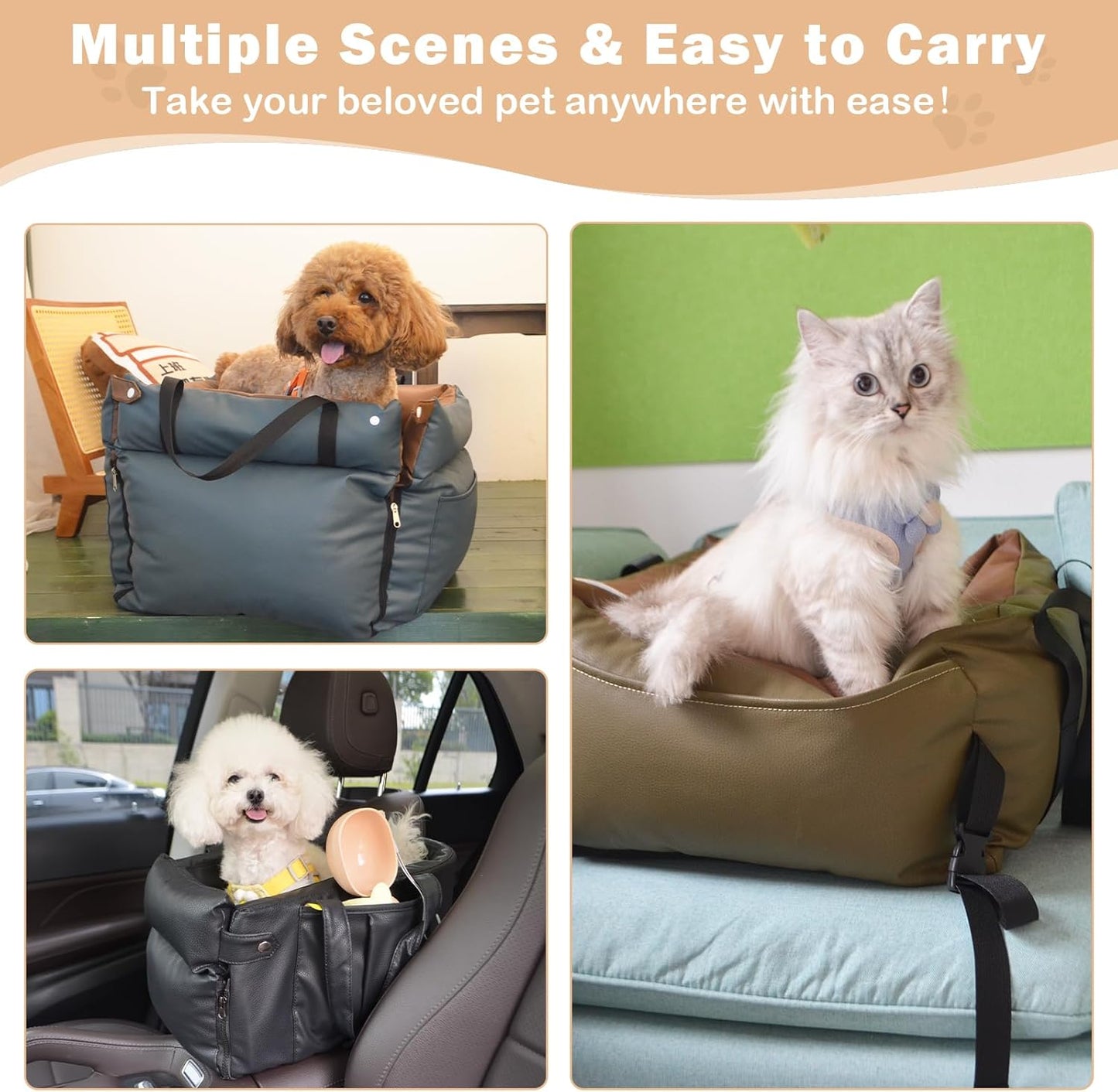 Dog Car Seat for Large Dogs, Large Leather Dog Car Bed with Storage Pocket, Waterproof PVC Leather Booster Seat Travel Bed for Front & Back Seat, Clip-On Safety Leash (Blue/Brown)