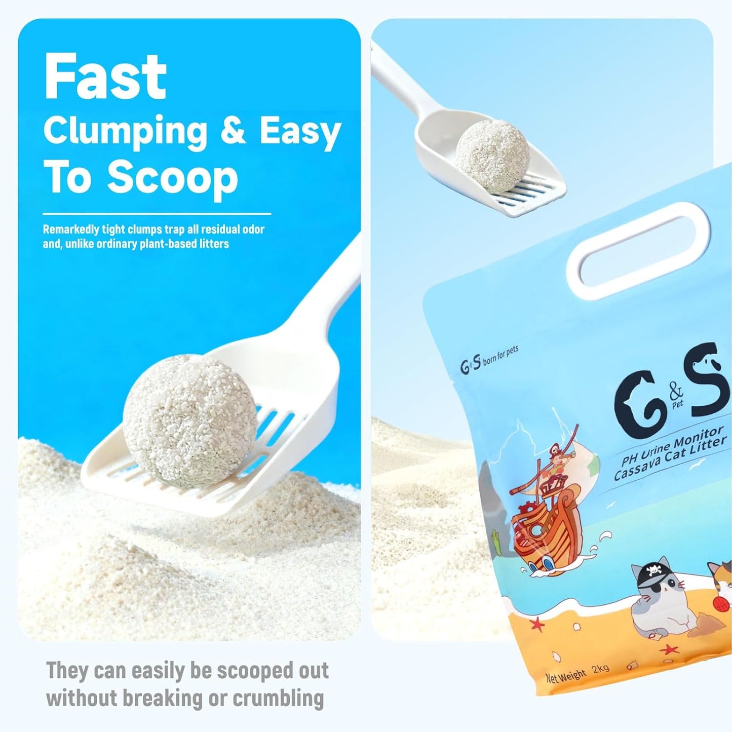 G&S Tapioca Cat Litter, Cassava Cat Litter, Automatic Litter Box Friendly,Non Sticking, Rapid Clumping, Water Absorbent, Dust-Free,(4.5lb×2bags)