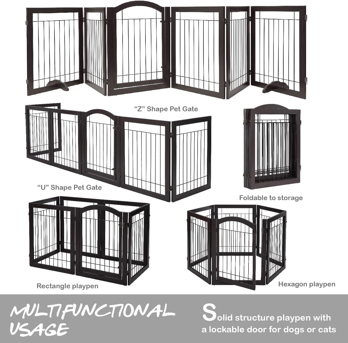 PAWLAND 144-inch Extra Wide 30-inches Tall Dog gate with Door Walk Through, Freestanding Wire Pet Gate for The House, Doorway, Stairs, Pet Puppy Safety Fence, Support Feet Included, Espresso,6 Panels