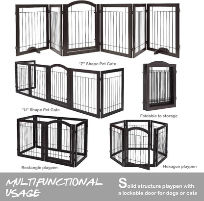 PAWLAND 144-inch Extra Wide 30-inches Tall Dog gate with Door Walk Through, Freestanding Wire Pet Gate for The House, Doorway, Stairs, Pet Puppy Safety Fence, Support Feet Included, Espresso,6 Panels