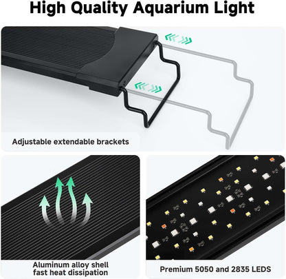 AQQA LED Aquarium Light, 24/7 Mode IP68 Waterproof Extendable Bracket Fish Tank Light, DIY Mode Full Spectrum Aquarium Plant Light, Adjustable Timer/Brightness Memory Function for 24-32 Inch Fish Tank
