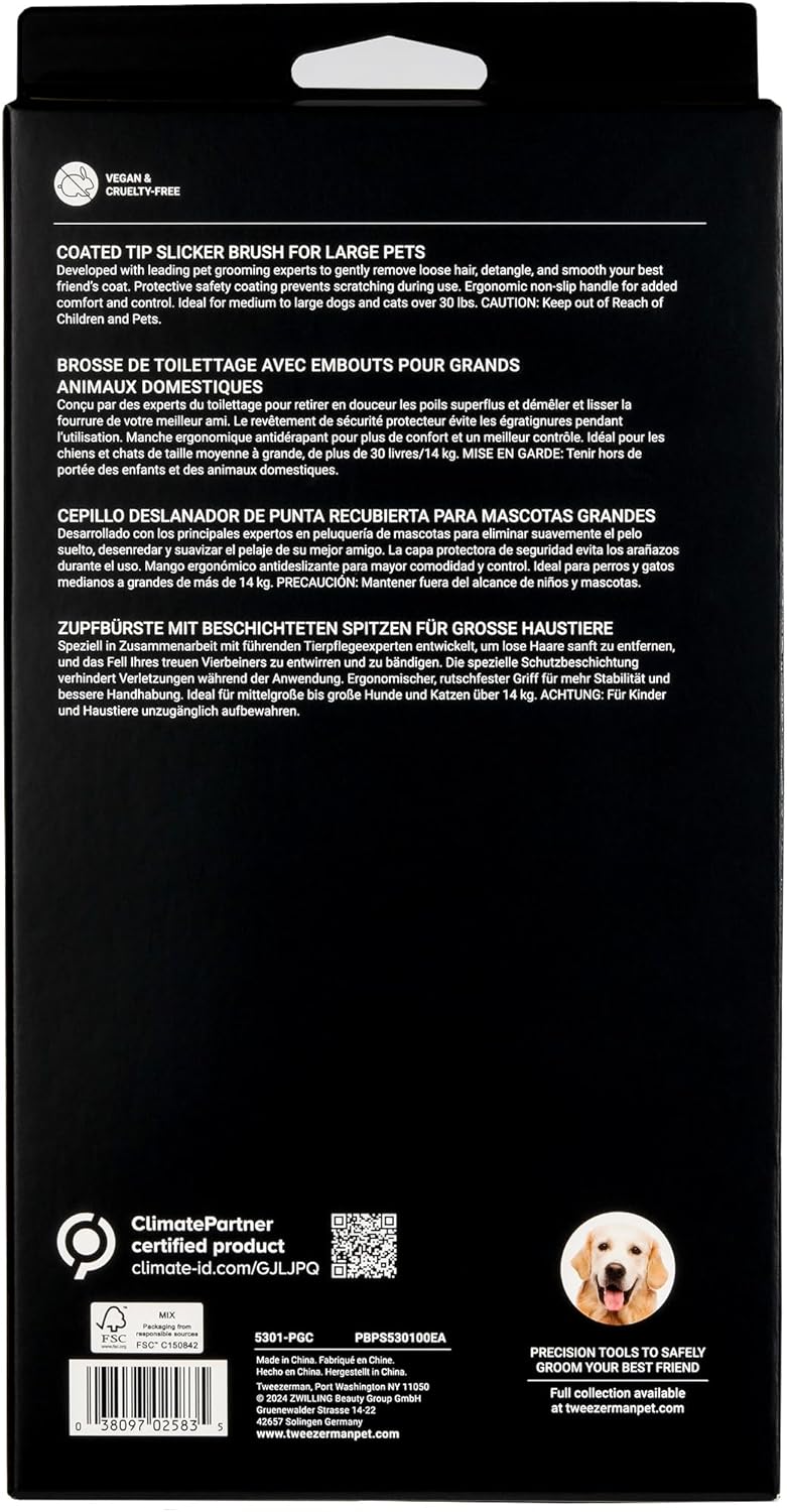 Tweezerman Dog and Cat Slicker Brush for Pets, Grooming Brush with Coated Bristles to Prevent Scratching and Ergonomic Handle