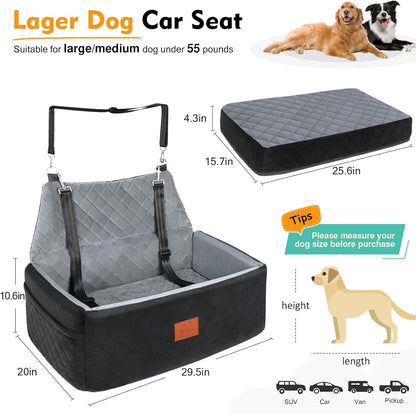 Dog Car Seat for Large Medium Dogs,Washable Pet Carseat Under 55 lbs or 2 Small Dogs,Dog Booster Seat Travel Bed with Thick Cushion,2 Safety Leashes