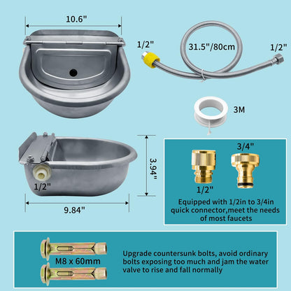 Automatic Animal Drinking Water Bowl, 304 Stainless Steel Waterer for Dog Horse Goat Pig Cow, Livestock Water Trough Dispenser with Pipe Hose, 2 Float Valves, Quick Connecter, Expansion Bolt