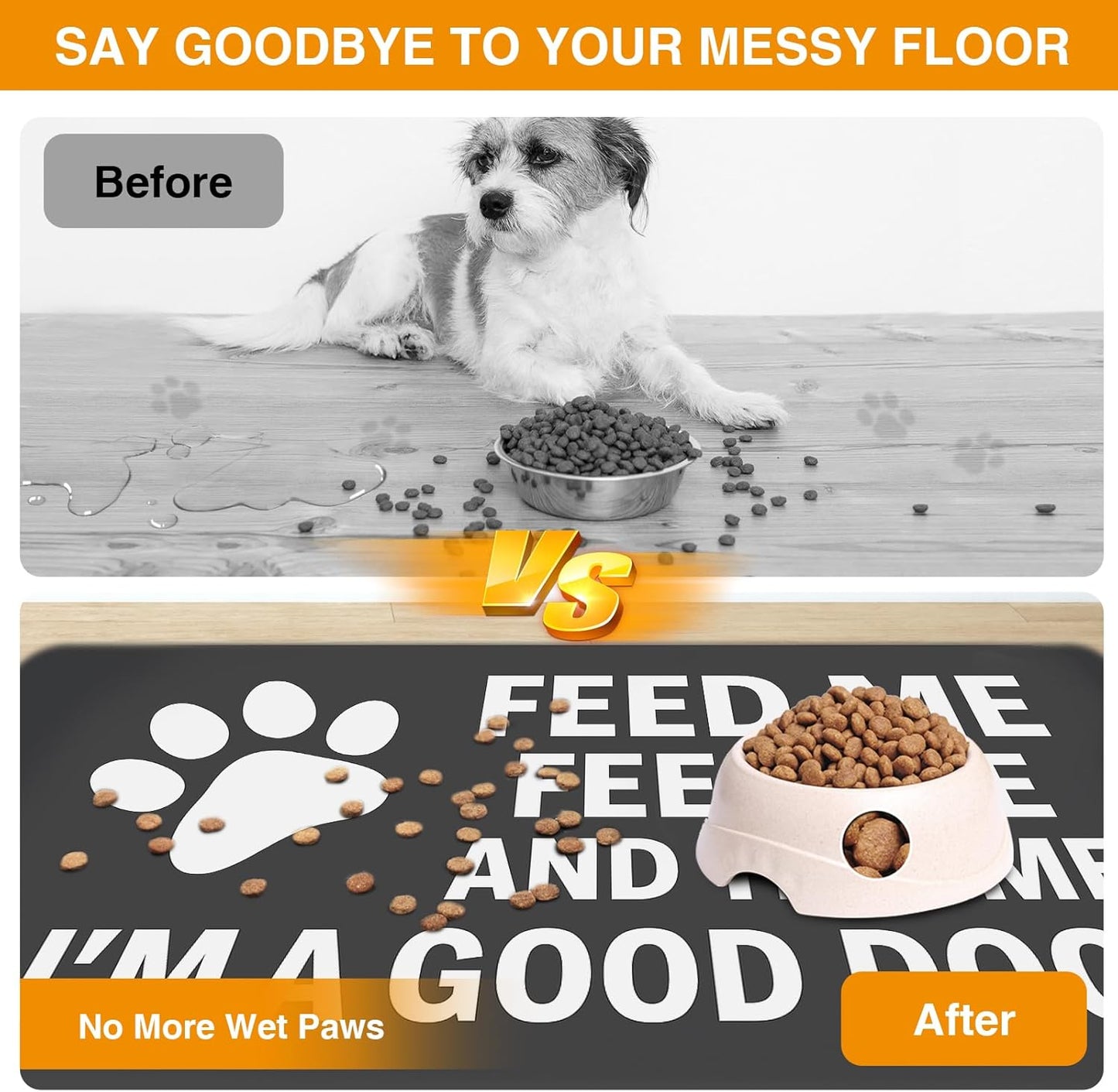 Pet Feeding Mat for Dogs and Cats, Absorbent Dog Bowl Mat Waterproof Anti-Slip, Quick Dry Dog Food Mat for Pet Water Bowl, Funny Paw Print Design (12" x 20")