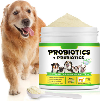 Probiotics for Dogs - Probiotic Powder with 5 Billion CFU & Prebiotics, 12-Strain Formula for Digestive Health & Diarrhea Relief, Vet-Recommended for Sensitive Stomach 4.23oz