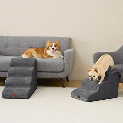 EHEYCIGA Curved Dog Stairs Ramp for Small Dogs 15.7" H, 3-Step Dog Steps for Couch Sofa and Chair, Pet Stairs for Cats, Non-Slip Balanced Pet Steps Indoor, Grey