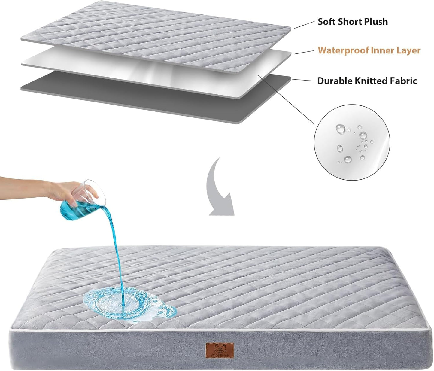 WNPETHOME Orthopedic Waterproof Extra Large Dogs Bed with Removable Washable Cover, Multi-Needle Quilting XL Crate Bed for Large Sized Dog, Light Grey