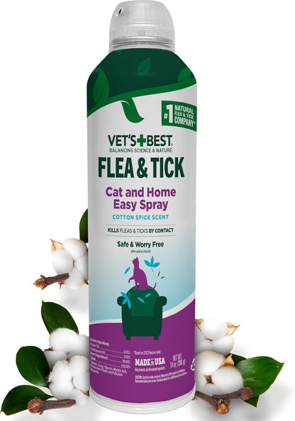 Vet's Best Natural Flea & Tick Easy Spray for Cats – Natural Flea & Tick Prevention with Cotton Spice Scent – Plant-Based Cat Spray with Essential Oils – Gentle Pest Control Formula – 14 oz Bottle