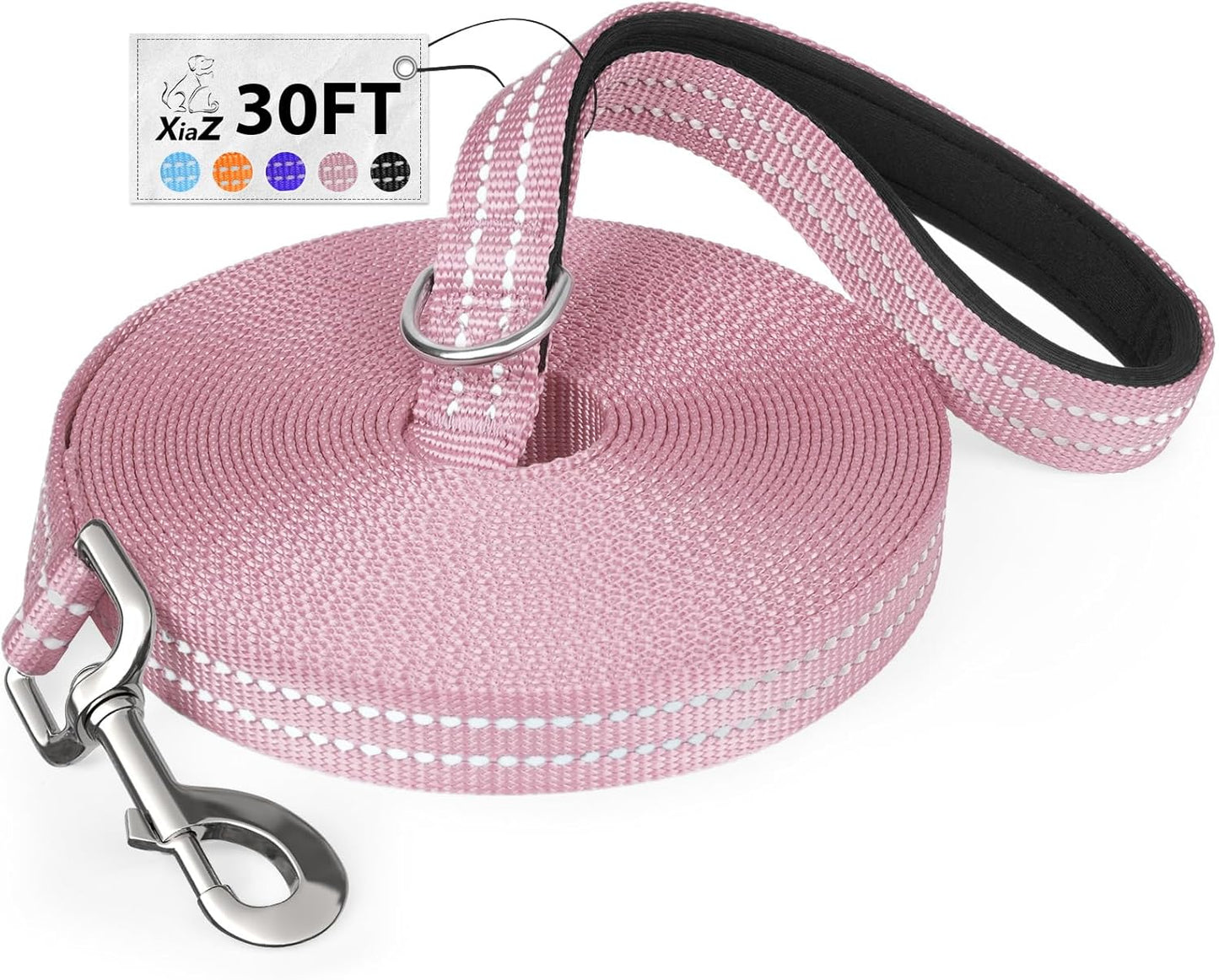 Long Dog Leash XiaZ Training Leashes 10/15/20/30/50/100ft Long Lead for Dogs 30ft Training Leash for Outside Pink 30 Foot Nylon Padded Handle Reflective Hiking Yard