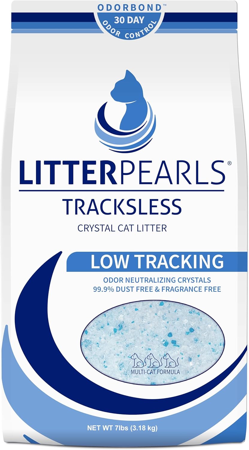 Litter Pearls Tracksless Unscented Non-Clumping Crystal Cat Litter with Odorbond, 7 lb, White, Clear and Blue Crystals