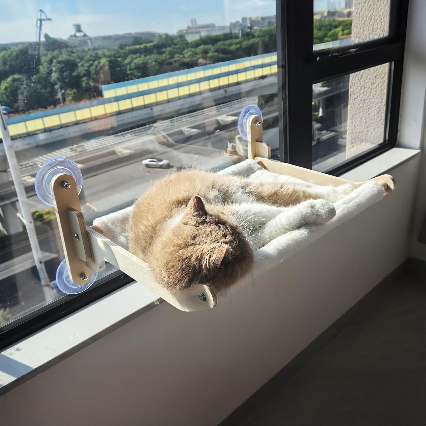 Cat Window Perch Hammock Bed - Foldable Hardwood Frame, No-Drill with Strong Suction Cups, Plush Faux Rabbit Fur for Large Cats up to 50lbs