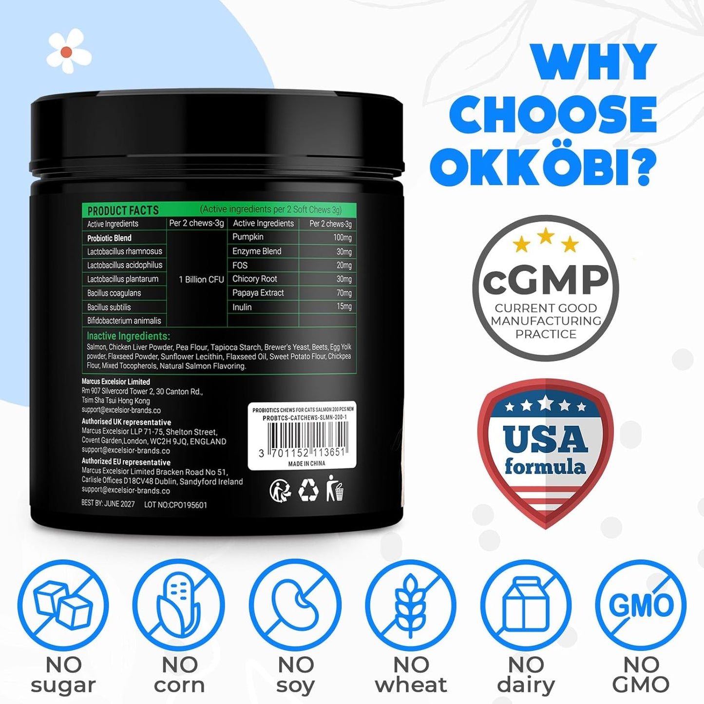 Probiotics for Cats Chews 200PCs - Digestive, Gut Health & Diarrhea Support - Probiotic Chews for Feline - Expert Approved US Formula with Cat Probiotics, Enzymes & Natural Ingredients - Salmon