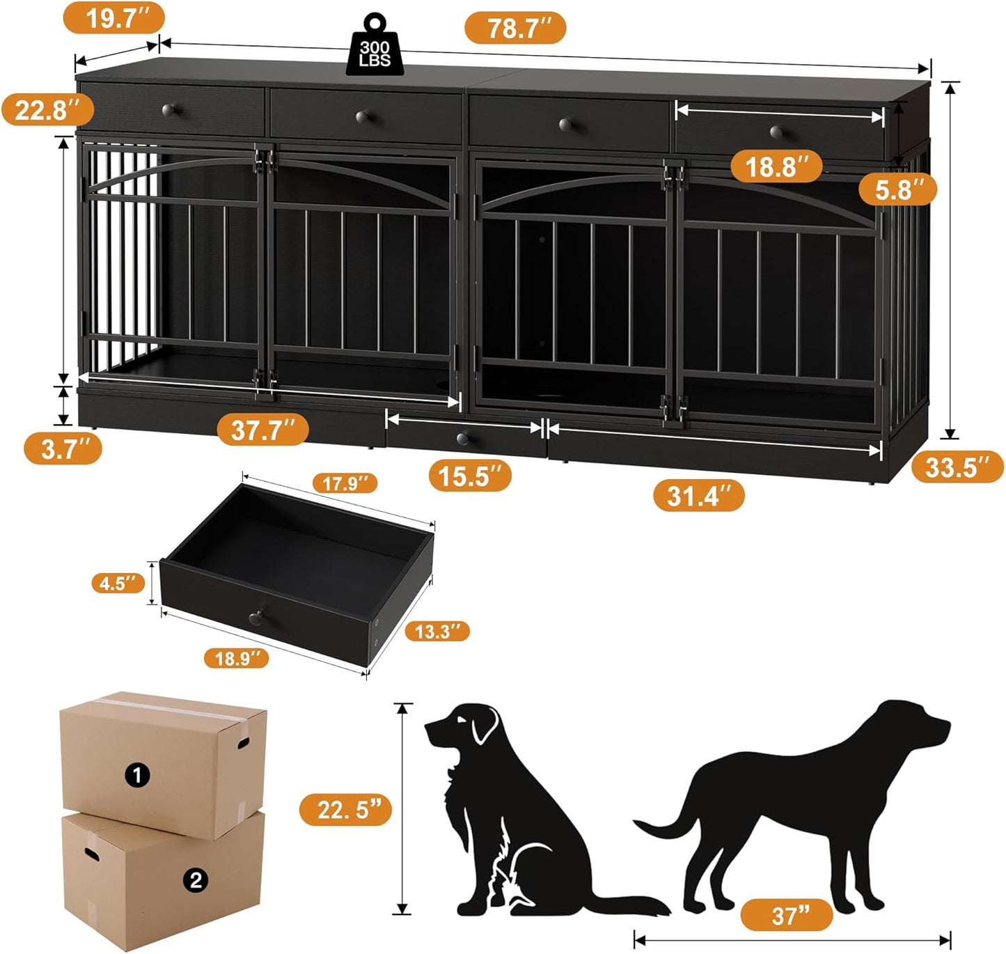 GarveeHome Dog Crate Furniture for 2 Dogs, Dog Kennel Indoor with 4 Storage Drawers and Feeding Bowls, Double Dog Crate TV Stand for Small Medium Dogs, Black
