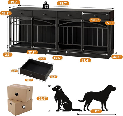 GarveeHome Dog Crate Furniture for 2 Dogs, Dog Kennel Indoor with 4 Storage Drawers and Feeding Bowls, Double Dog Crate TV Stand for Small Medium Dogs, Black
