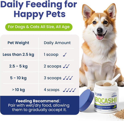 BOCASHI Probiotics for Dogs & Cats, Pet Fermented Nutritional Powder - Food Topper for Digestive Health, Gut Support, Diarrhea & Constipation, Immune Booster - Natural, Made in USA - 240 Scoops