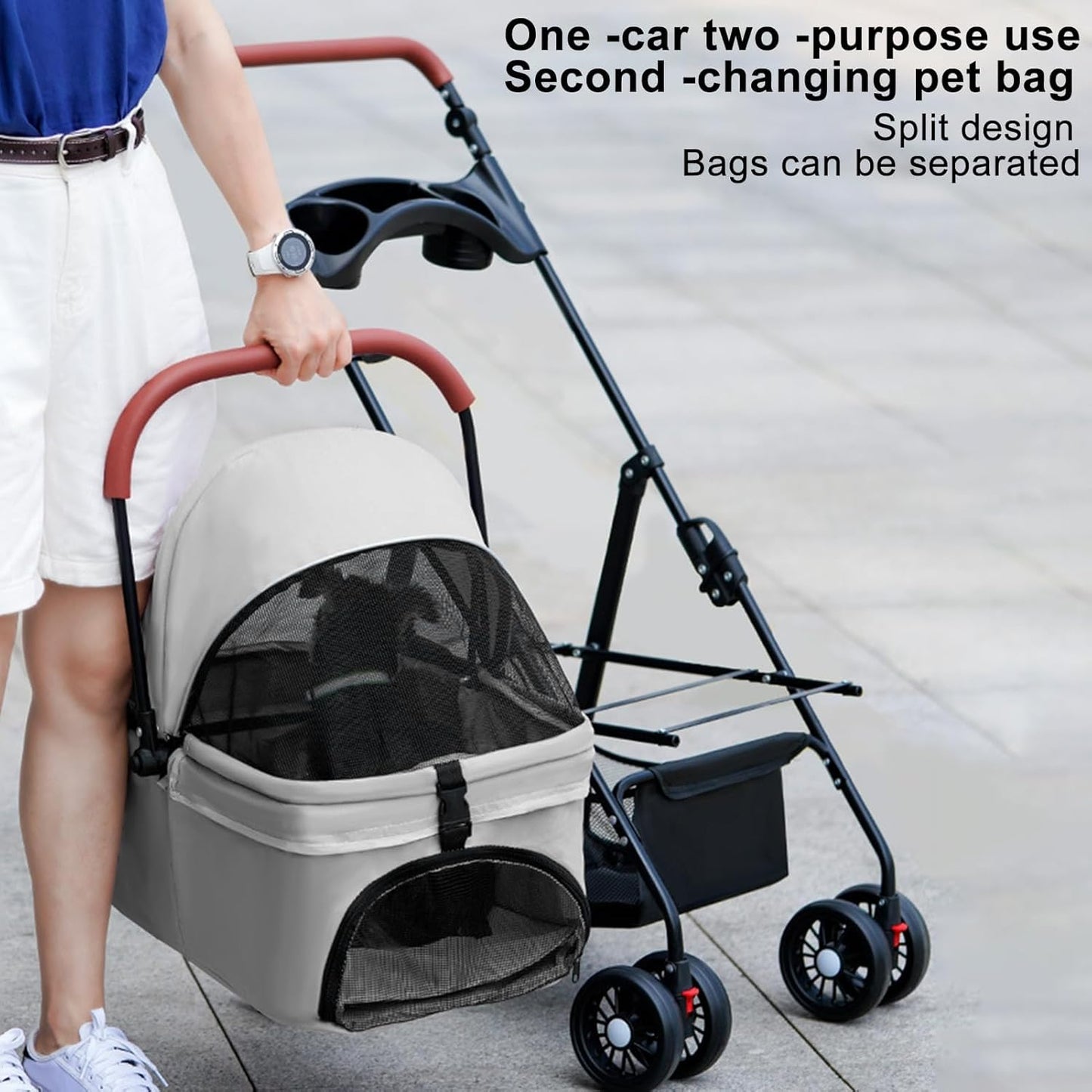 Pet Stroller-Folding 4 Wheels Cat/Dog Stroller for Medium Small Pets with Storage Basket and Cup Holder Suitable for Going Out and Traveling (Grey)