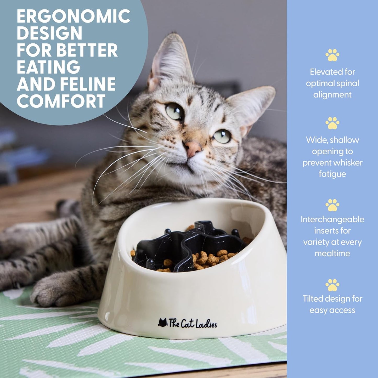 The Cat Ladies Slow Feeder - Healthy Feeding Bowl with Two Silicone Inserts - Help Pets Eat Slower - Control Eating Pace for Better Digestion - Feed Bowls Set for Dogs or Cats
