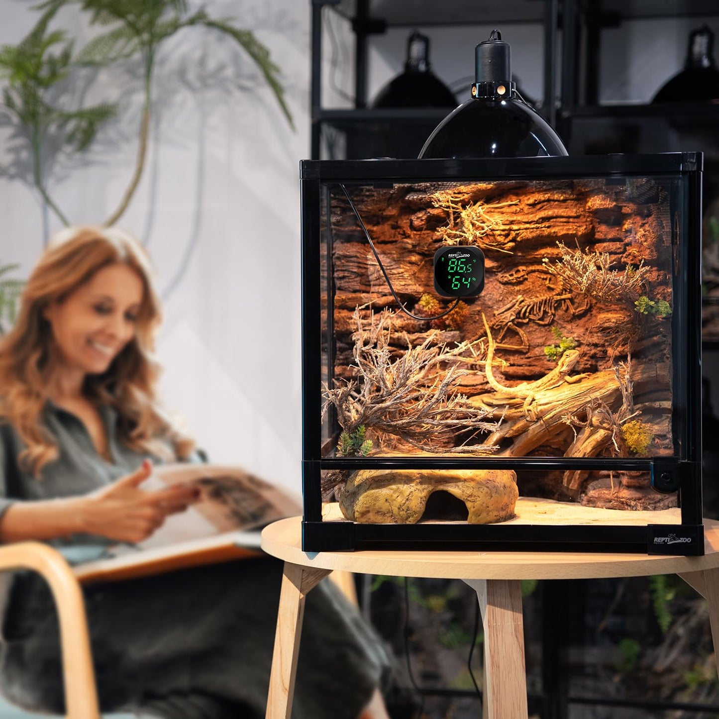 REPTI ZOO Thermometer Hygrometer, LED Digital Thermo Hygrometer for Reptile Terrarium Pet Rearing Box, Reptile Tank Thermometer with 55.2" Cable USB Power Supply