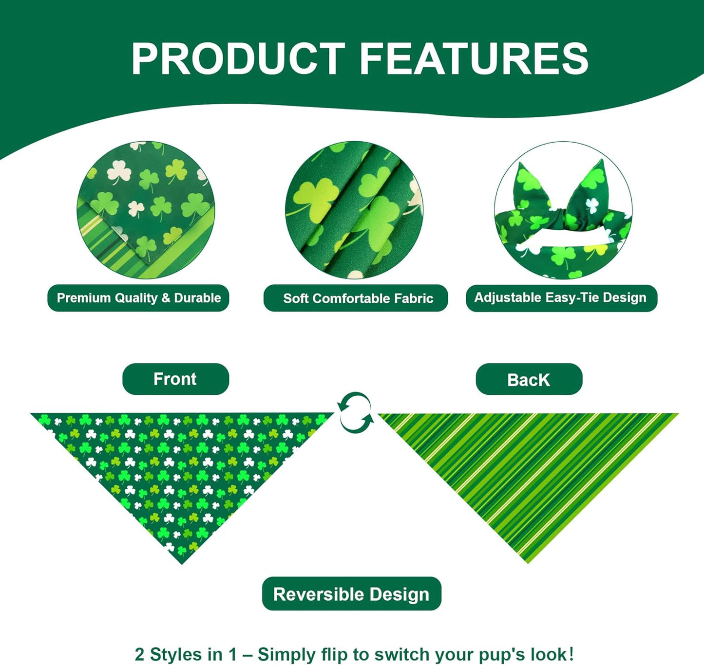 St. Patrick’s Day Dog Bandana - Reversible Lucky Green Shamrock Clover & Stripes Scarf for Medium to Large Dogs, Cute Costume Accessory for Irish Gift