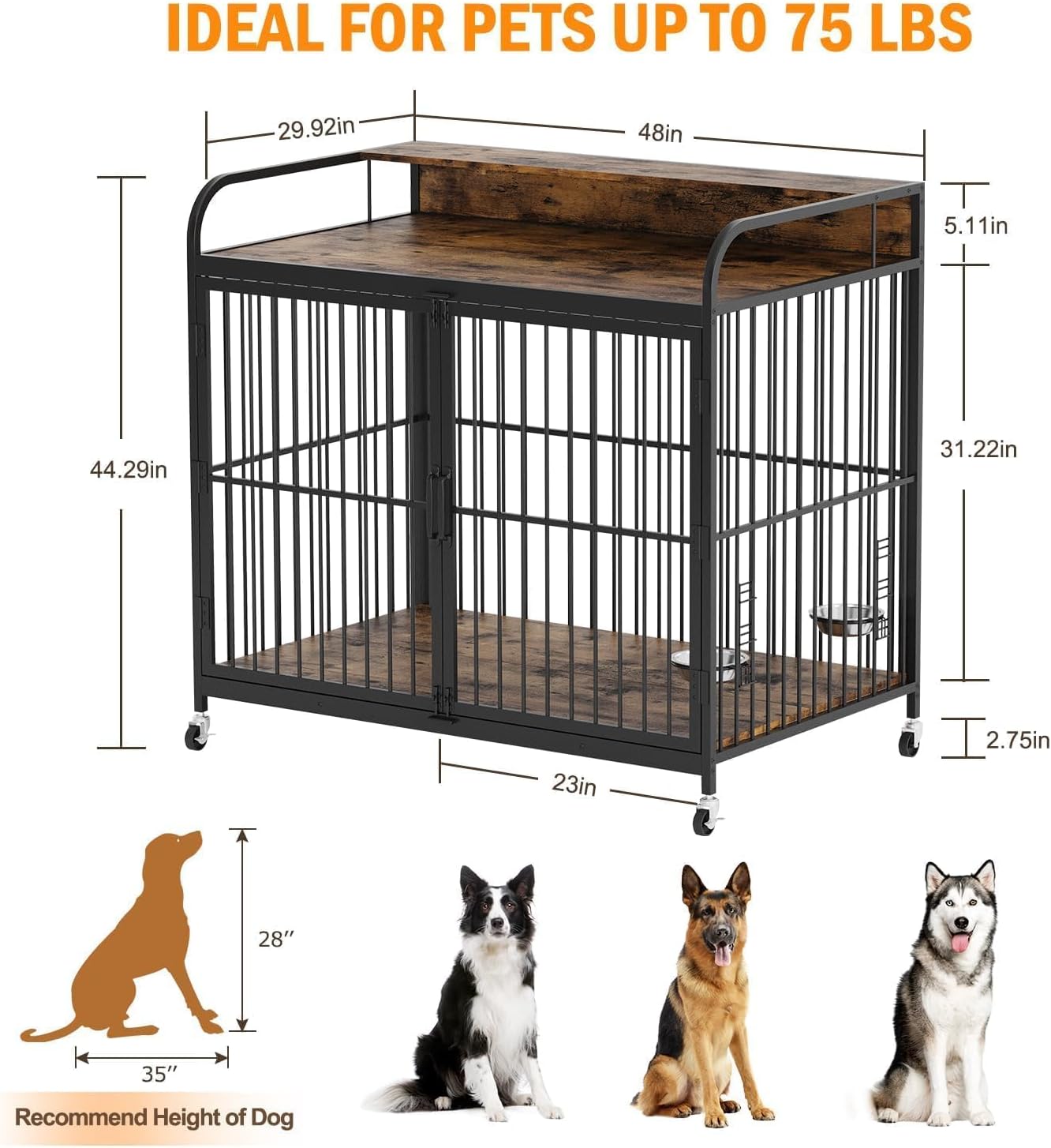 Wooden Dog Crate, Adjustable Feeder Kennel End Table for Medium Breeds, Robust Steel Frame with 360-Degree Wheels and Storage Shelf, Brown