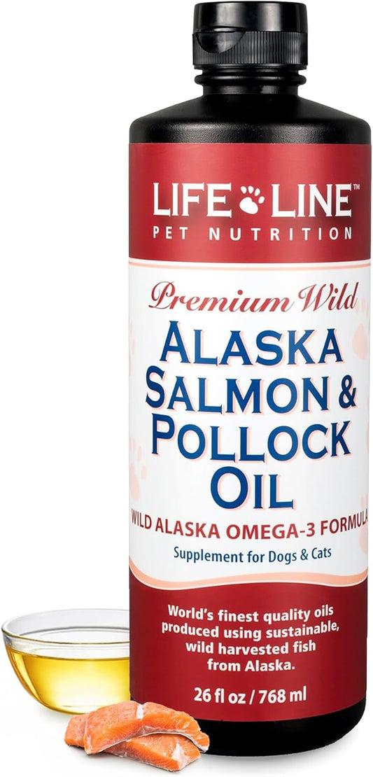 Lifeline Wild Alaskan Salmon Pollock | Omega-3 DHA & EPA Supplement for Dogs & Cats | Cold-Filtered Fish Oil for Brain, Eye & Heart Health | Moisture Replenishment for Pets | 26 oz