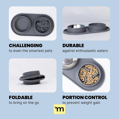 MalsiPree Cat & Dog Slow Feeder Bowl – Improve Digestion – Stainless Steel Water Bowl & Anti-Spill Silicone Mat – for Small & Medium Breeds – 15 oz - Puppy Slow Feeder