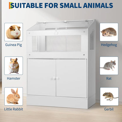 Small Animal Habitat with Storage Cabinet, Easy-View Acrylic Panel Enclosure for Hamsters, Guinea Pigs and Hedgehogs, Durable Small Pet Cage with Easy Assembly Design