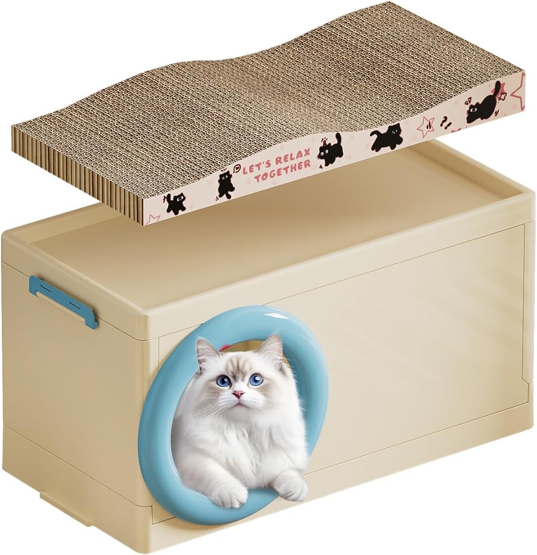Plastic Cat House with Scratching Board, Foldable Feral Cat Shelter, Waterproof Weatherproof for Outdoor Indoor Use