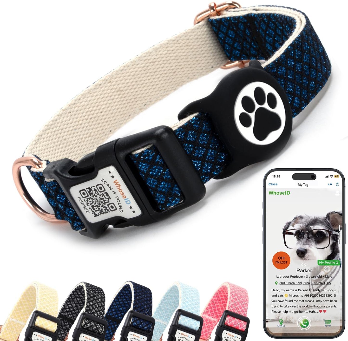 Dog Collar with Waterproof AirTag Holder & Anti-Lost QR Code, Cute Bling Warpping Adjustable Width for Small Medium Large Pet (Blue, L)