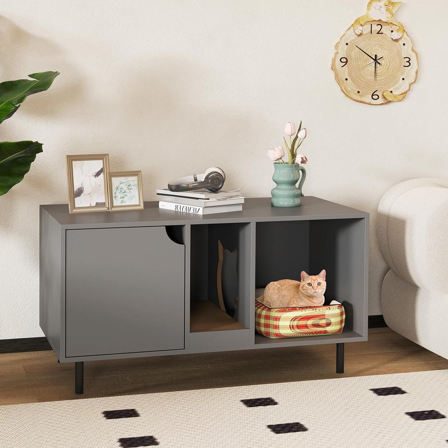 HOMGX Cat Litter Box Enclosure, 40” Hidden Cat Washroom Furniture w/Storage, Removable Scratching Board, Metal Legs, Double-Room Indoor Wooden Kitten House End Side Table, Modern Pet Cabinet (Grey)