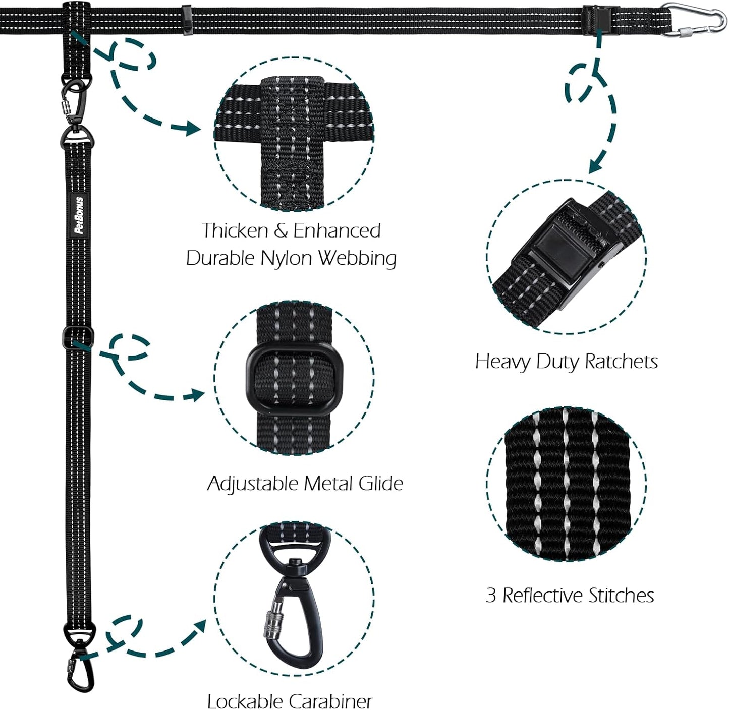 PetBonus Truck Bed Dog Leash, Dog Truck Tether Tie Down, Adjustable Safety Out Leash, Comfortable Pick-Up Bed Restraint Lead, Ratchet Tightening Pet Car Harness Belt, Single Lead (Black)
