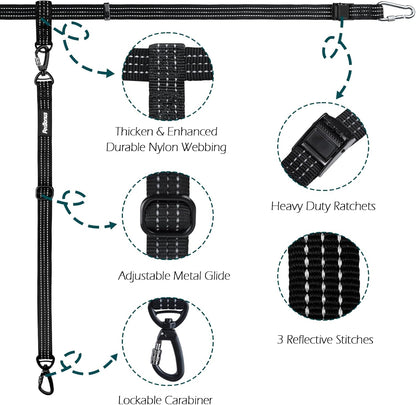 PetBonus Truck Bed Dog Leash, Dog Truck Tether Tie Down, Adjustable Safety Out Leash, Comfortable Pick-Up Bed Restraint Lead, Ratchet Tightening Pet Car Harness Belt, Single Lead (Black)