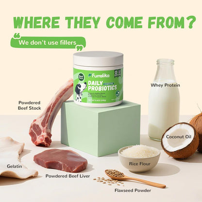 Furrolika Probiotics for Dogs – Made in The USA – Digestive Probiotics for Gut Health, Immune Support & Diarrhea Relief – Beef Flavor – 60 Soft Chews