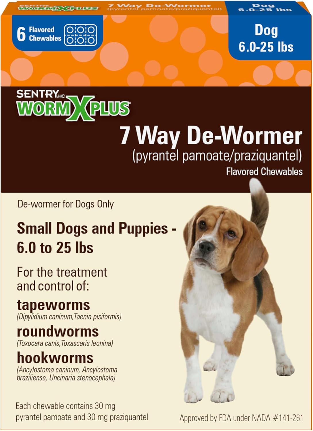 7 Way De-Wormer Chewables for Dogs - Tablets for Small Dogs & Puppies (6-25 lbs) (pyrantel pamoate/praziquantel), 6 Count