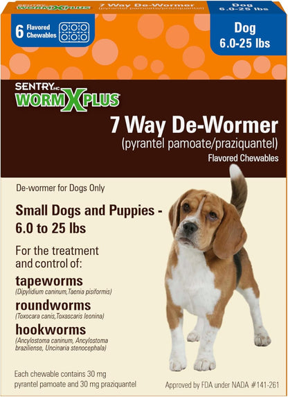 7 Way De-Wormer Chewables for Dogs - Tablets for Small Dogs & Puppies (6-25 lbs) (pyrantel pamoate/praziquantel), 6 Count