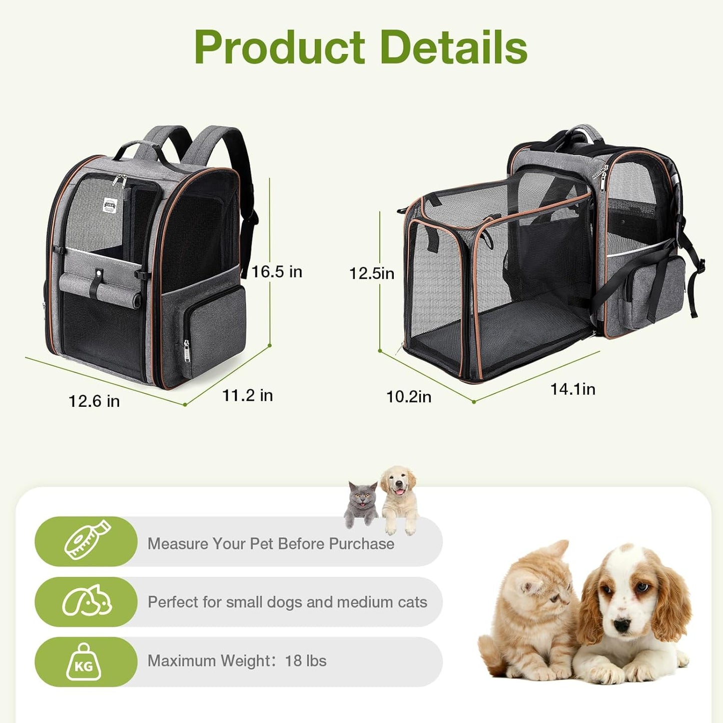 Lekebobor Large Cat Backpack Carrier Expandable Pet Carrier Backpack for Small Dogs Medium Cats Fit Up to 18 Lbs, Dog Backpack Carrier, Foldable Puppy Backpack Carrier for Travel, Hiking, Grey