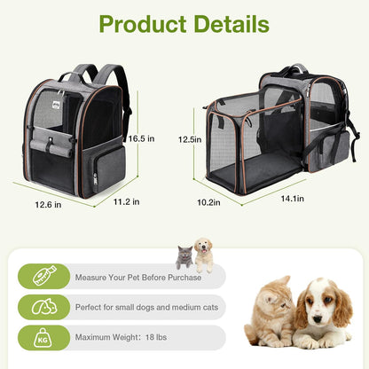 Lekebobor Large Cat Backpack Carrier Expandable Pet Carrier Backpack for Small Dogs Medium Cats Fit Up to 18 Lbs, Dog Backpack Carrier, Foldable Puppy Backpack Carrier for Travel, Hiking, Grey