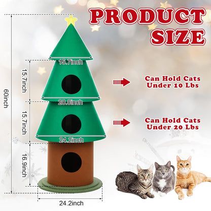 Leinuosen 60 Inch Felt Cat Christmas Tower for Indoor with 3 Condos 5 ft Xmas Tall Cat Tree Tower Furniture with Star Topper for Kitty Kitten DIY Christmas Decoration Activity Center Play House