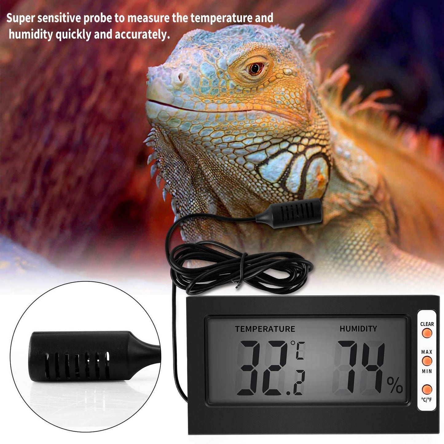 Simple Deluxe Digital Thermometer and Humidity Gauge with Remote Probes for Brooder Reptiles Terrarium, 2 Pack, Black