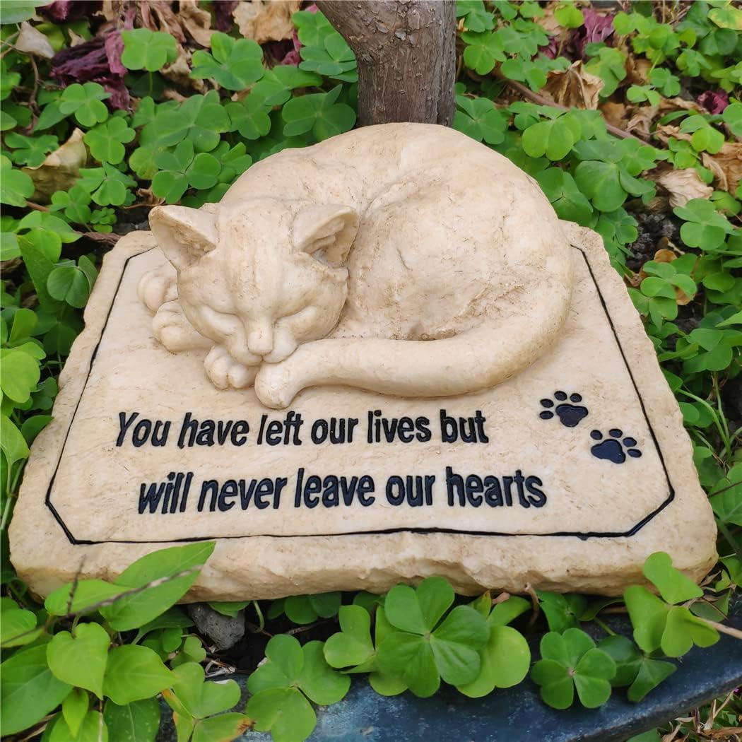 Cat Memorial Stones Grave Markers with A Sleeping Cat Statue on The Top - Cat Garden Stones Grave Stones Cemetery Markers Sympathy Cat Memorial Gifts Loss Gifts Outdoors, 8.5"x7"x3.5"