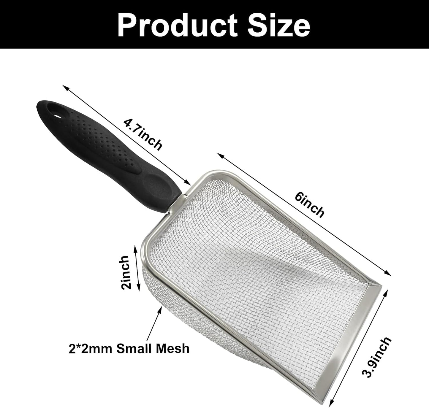 Murtenze Stainless Steel Cat Litter Scoop, Non-Stick Coated Metal Fine Sand Litter Scoop, Mesh Shovel for Reptile Kitten Pooper (Black, 2mm mesh)