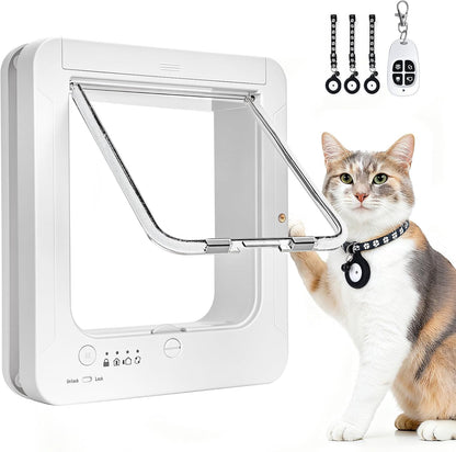 Smart Cat Door for Interior & Exterior, RFID Cat Pet Door with 3 Collar Sensor Keys & 1 Remote Control & 4 Way Locking Cat Flap with Collar Sensors Activated Opening CatDoor (White)