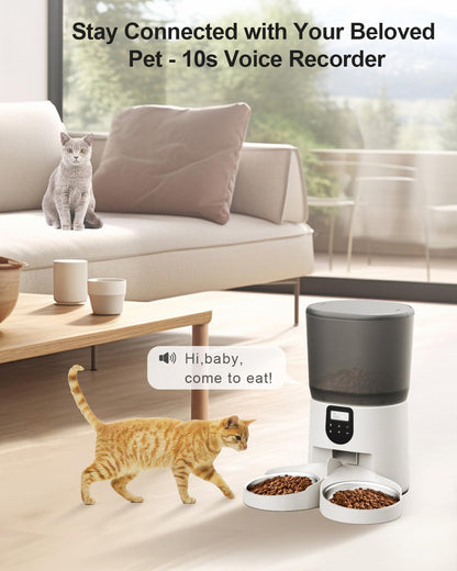 Automatic Cat Feeders for 2Cats, 6L/25cup Automatic Cat Food Dispenser with 2 Stainless Pet Bowls,10s Meal Call Timer Setting 20 Portions 6Meals Per Day, Timed Pet Feeder for Cats Dog Indoor Dry Food