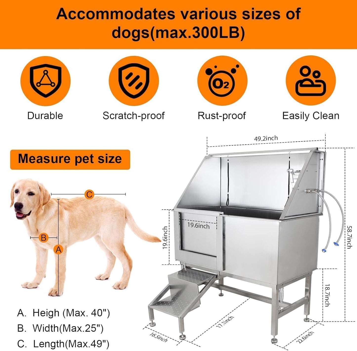 Towallmark 50" Dog Grooming Bathing Station, Professional Stainless Steel Pet Grooming Tub w/Removable Ramp, Storage Drawer, Floor Grate, Stairs Faucet, Dog Bathtub for Large, Medium & Small Pets