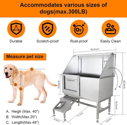 Towallmark 50" Dog Grooming Bathing Station, Professional Stainless Steel Pet Grooming Tub w/Removable Ramp, Storage Drawer, Floor Grate, Stairs Faucet, Dog Bathtub for Large, Medium & Small Pets