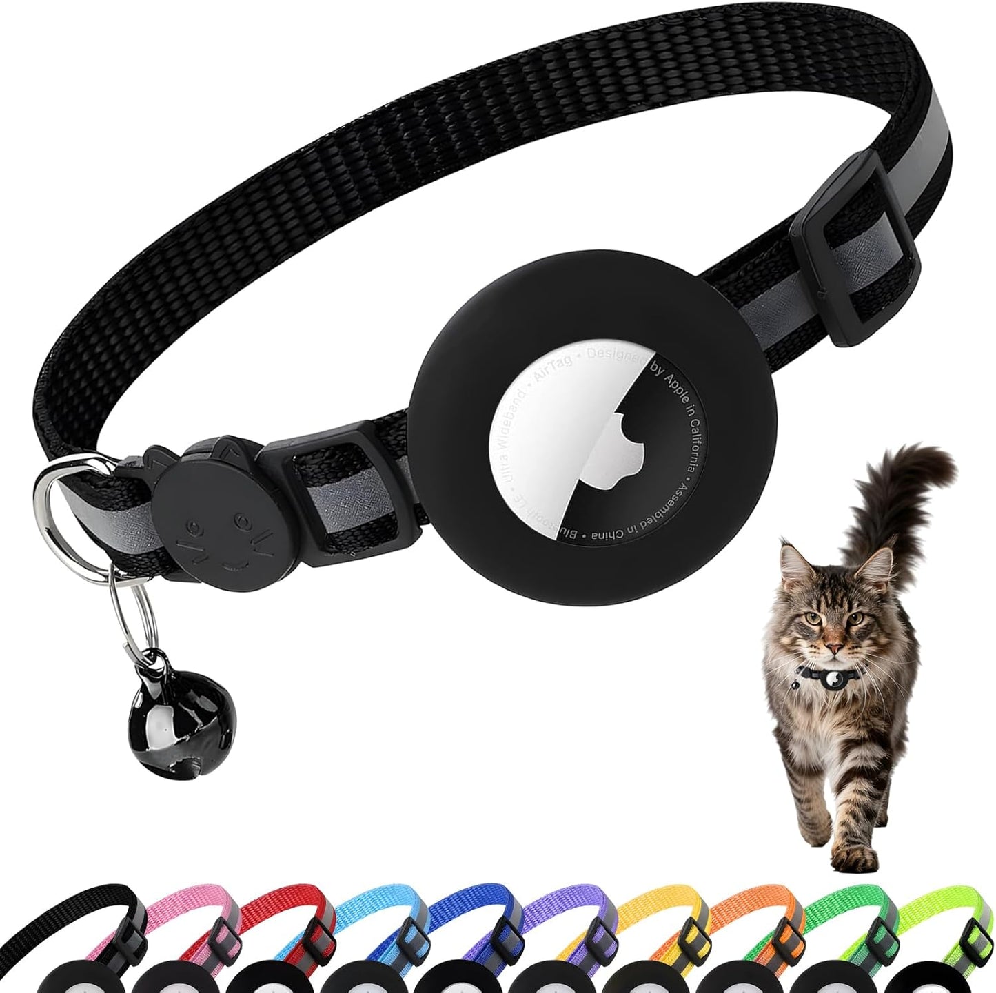 Airtag Cat Collar with Bell, Reflective Nylon Kitten Collar with Apple Air Tag Holder and Breakaway Safety Buckle for Puppy Girl Boy Cats, 3/8" in Width and Lightweight, Black
