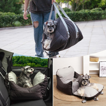 Leath-Aire Dog Car Seat, Scratch Resistant, Waterproof Booster Seat with Storage Pockets and Clip-On Safety Leash, Portable Dog Travel Carrier Bed up to 25lbs (Black/Grey)