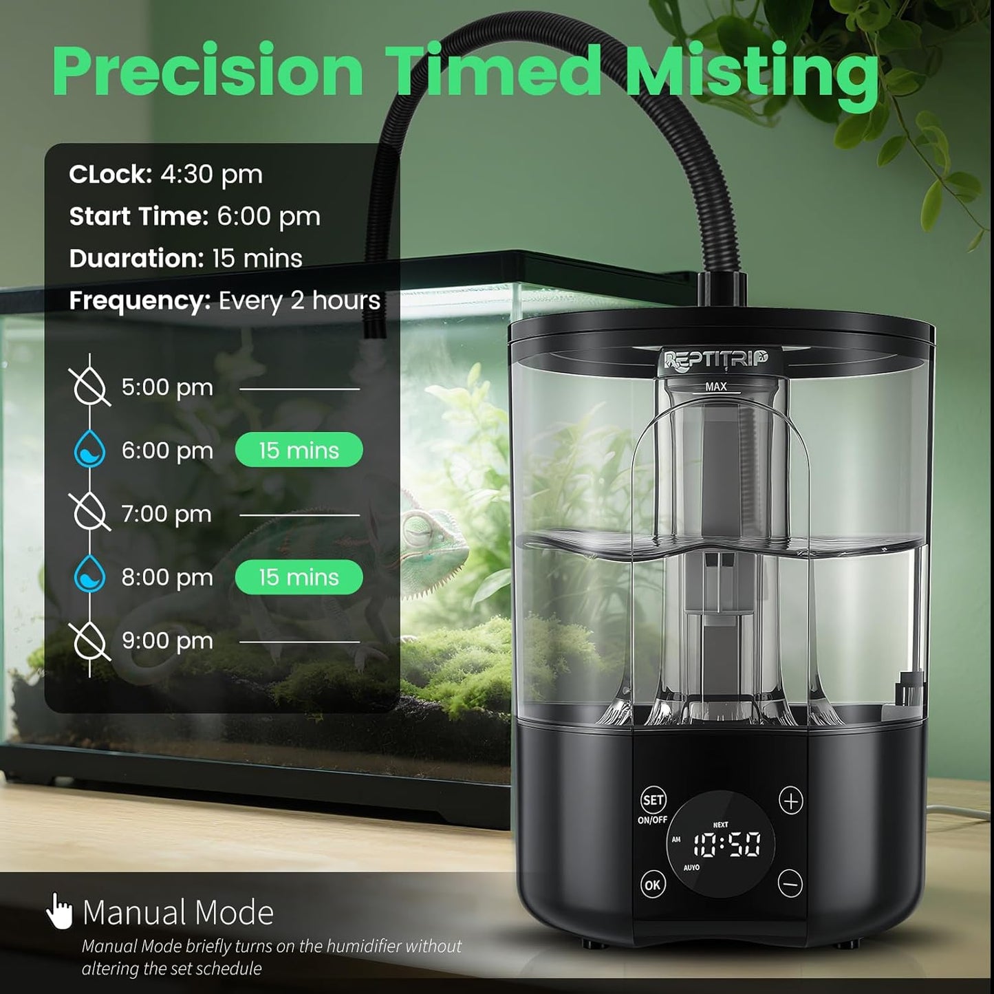 Reptile Humidifier Fogger for Terrariums, Timer Function, 1 Gallon, Adjustable Fog Volume, Ideal for Bearded Dragons, Lizards, Geckos, Snakes, Tortoises, Remote Control